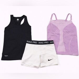 Nike Black Tank, Purple Top, and White Shorts Set